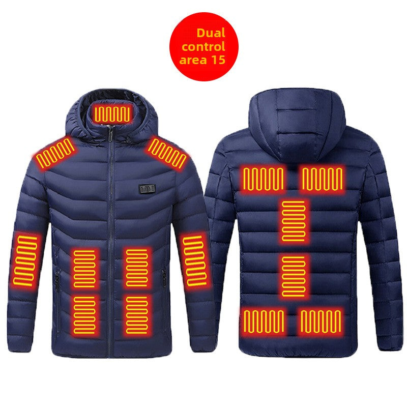 Blue USB heated hooded jacket back view with the heating zone layout