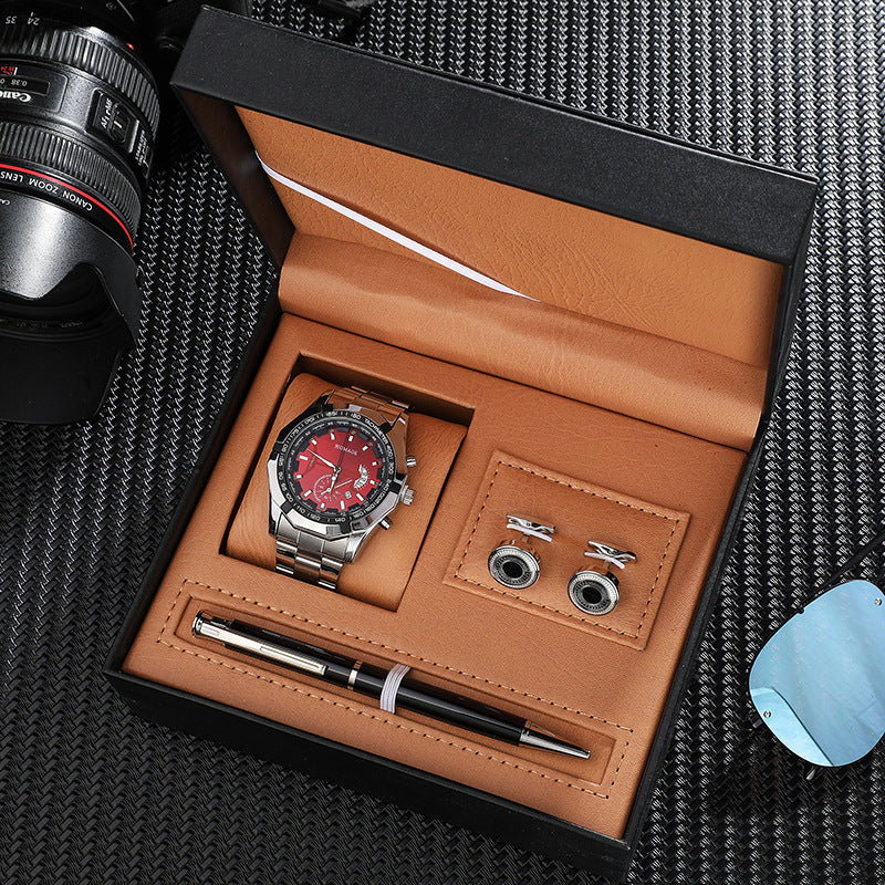Close detail of the steel case finish and link bracelet on the sport watch