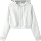 Womens cropped zip up hoodie with a drawstring hood, front view