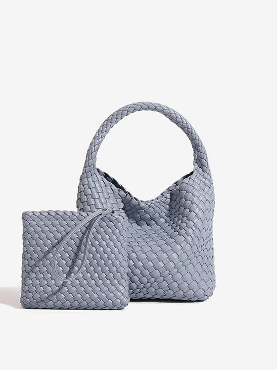 Woven PU Leather Bucket Bag with Pouch and Crossbody Strap