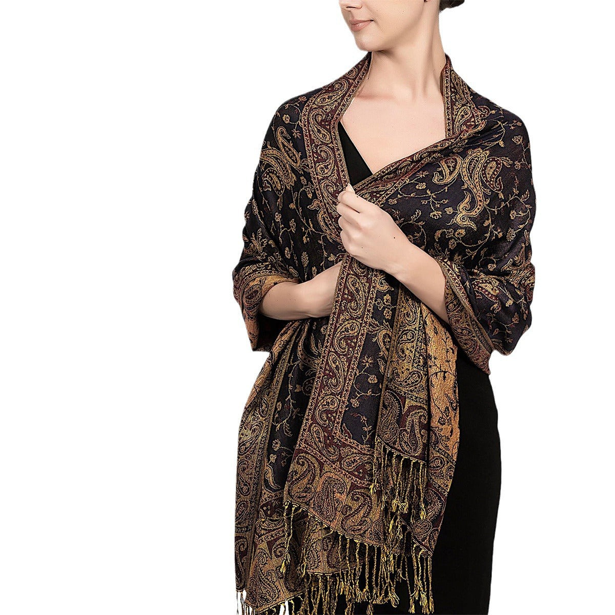 Brown paisley tassel shawl wrap worn draped over the shoulders with tasseled fringe ends