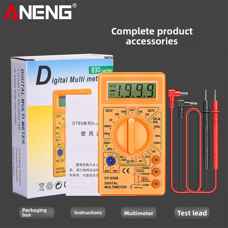 ANENG DT-830B multimeter shown with its retail box and red and black test leads