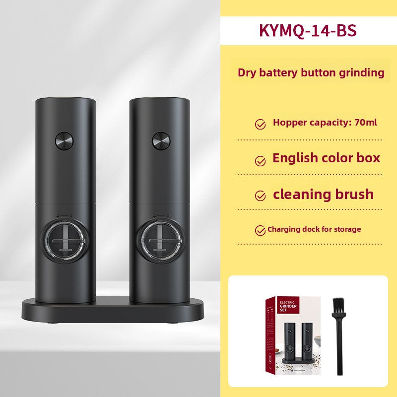 Pair of black KYMQ-14 electric grinders on a dock base with cleaning brush and set box
