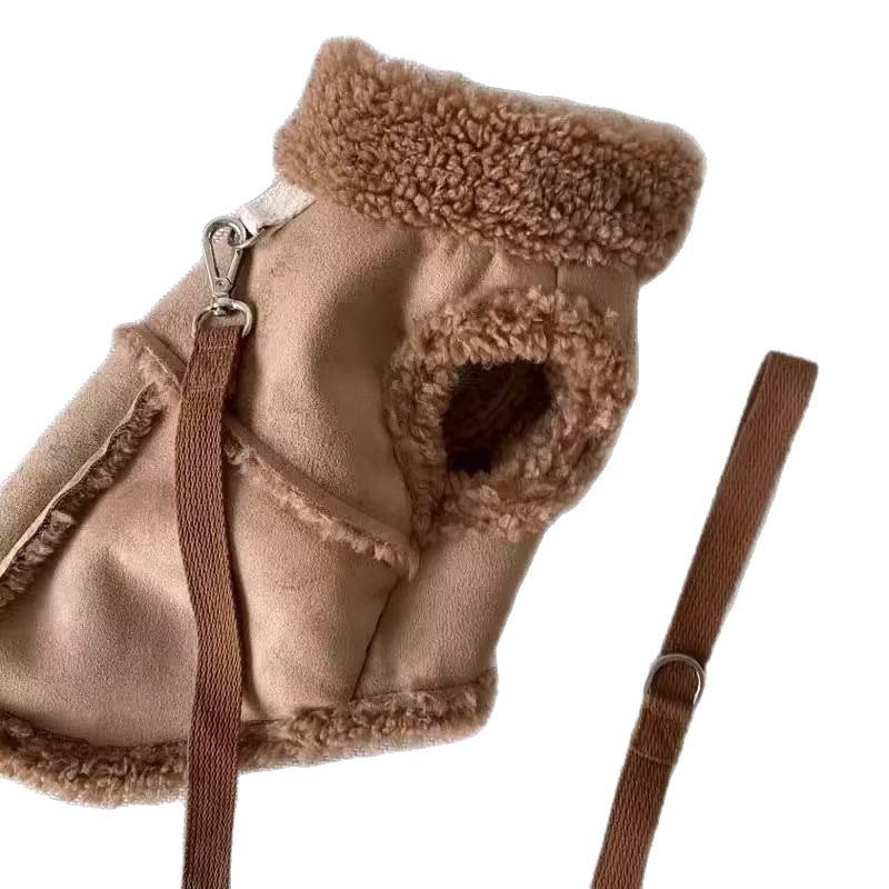 Back view of a brown dog vest with fleece trim and a leg opening and leash loop