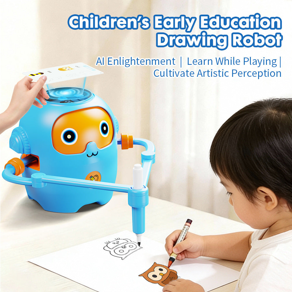 Blue drawing robot with a child loading a themed card and coloring a hand drawn owl