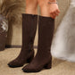 Womens knee high pointed toe block heel boots in soft faux suede with an inner side zip