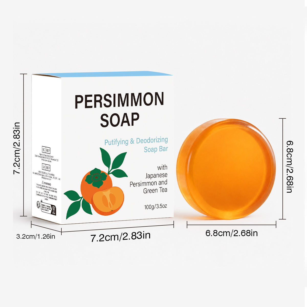 Option Round 2: Persimmon Soap box and round amber bar with dimension lines marking 7.2 cm, 3.2 cm and 6.8 cm