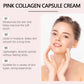 Pink Collagen Capsule Cream benefit list next to a woman with her hands under her chin