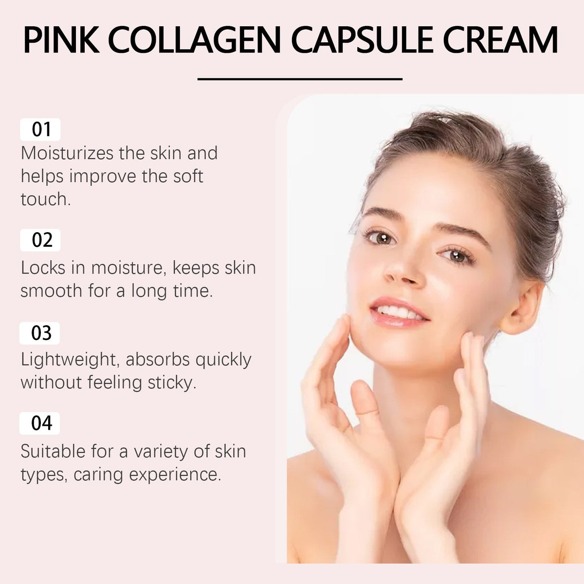 Pink Collagen Capsule Cream benefit list next to a woman with her hands under her chin