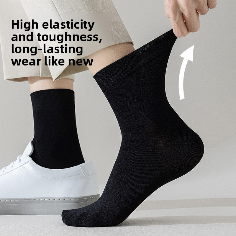 Black mid calf bamboo socks worn and stretched by hand beside a long lasting wear feature panel