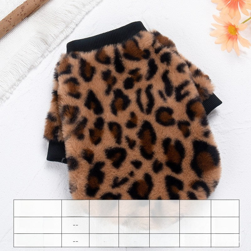 Leopard print fleece dog sweater, pull on style with leg openings