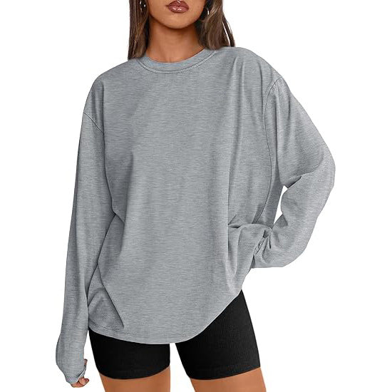Silver gray loose fit long sleeve rayon top with black bike shorts, front view, size XL option