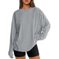 Silver gray loose fit long sleeve rayon top with black bike shorts, front view, size XS option
