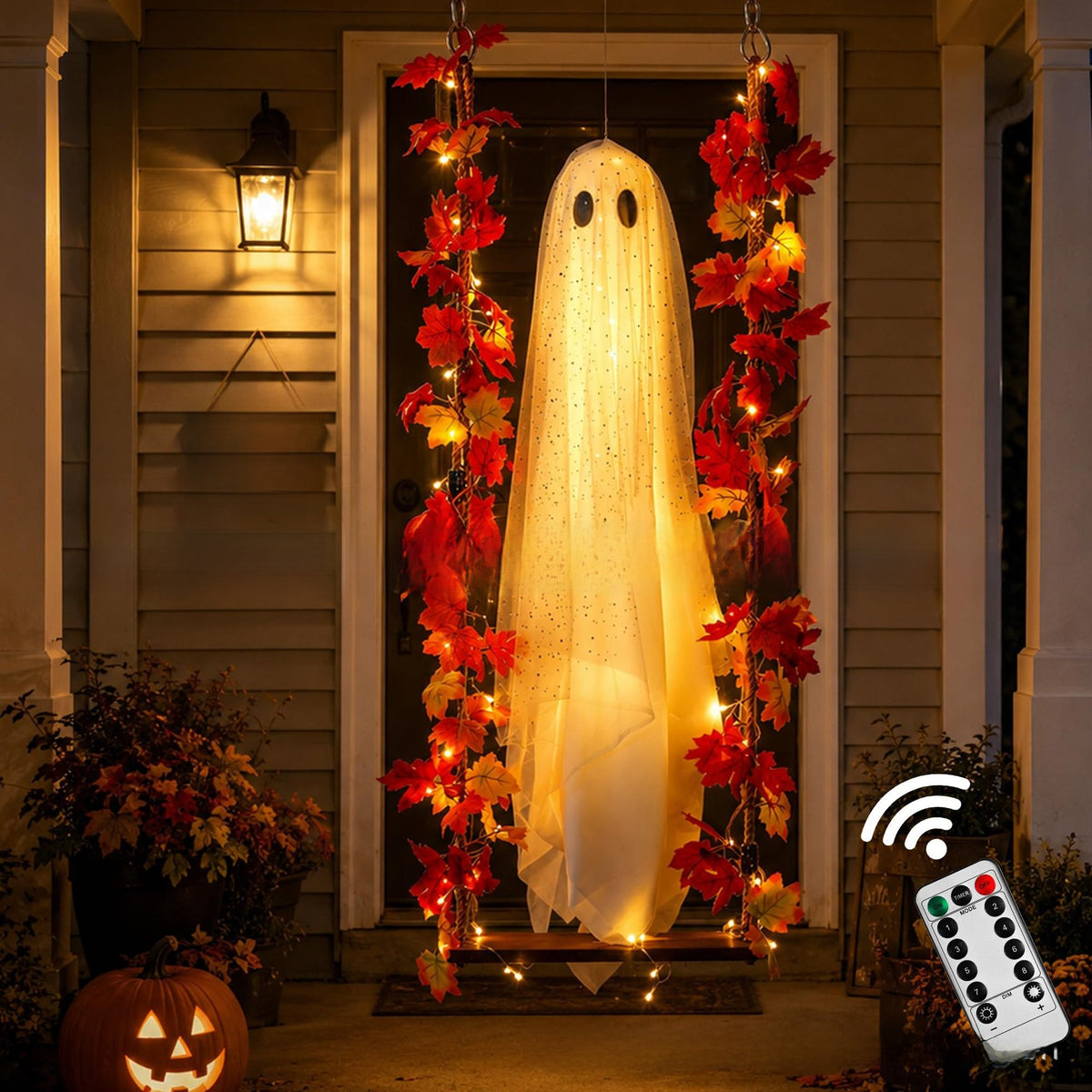 Translucent glittered ghost body glowing from within between two maple leaf rope lines