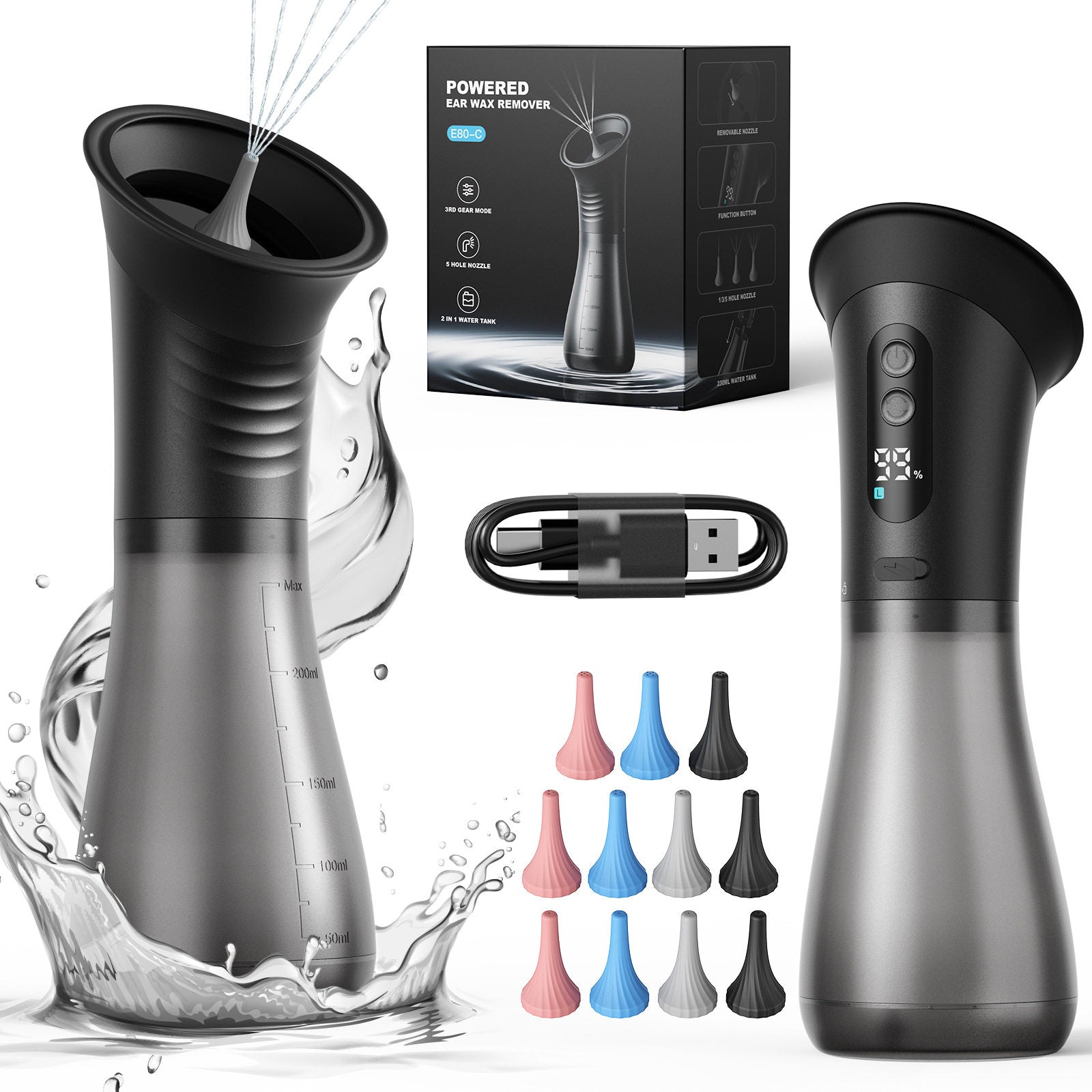 Funnel ear cleaner and pistol model with battery percentage screen and colored soft nozzle tips