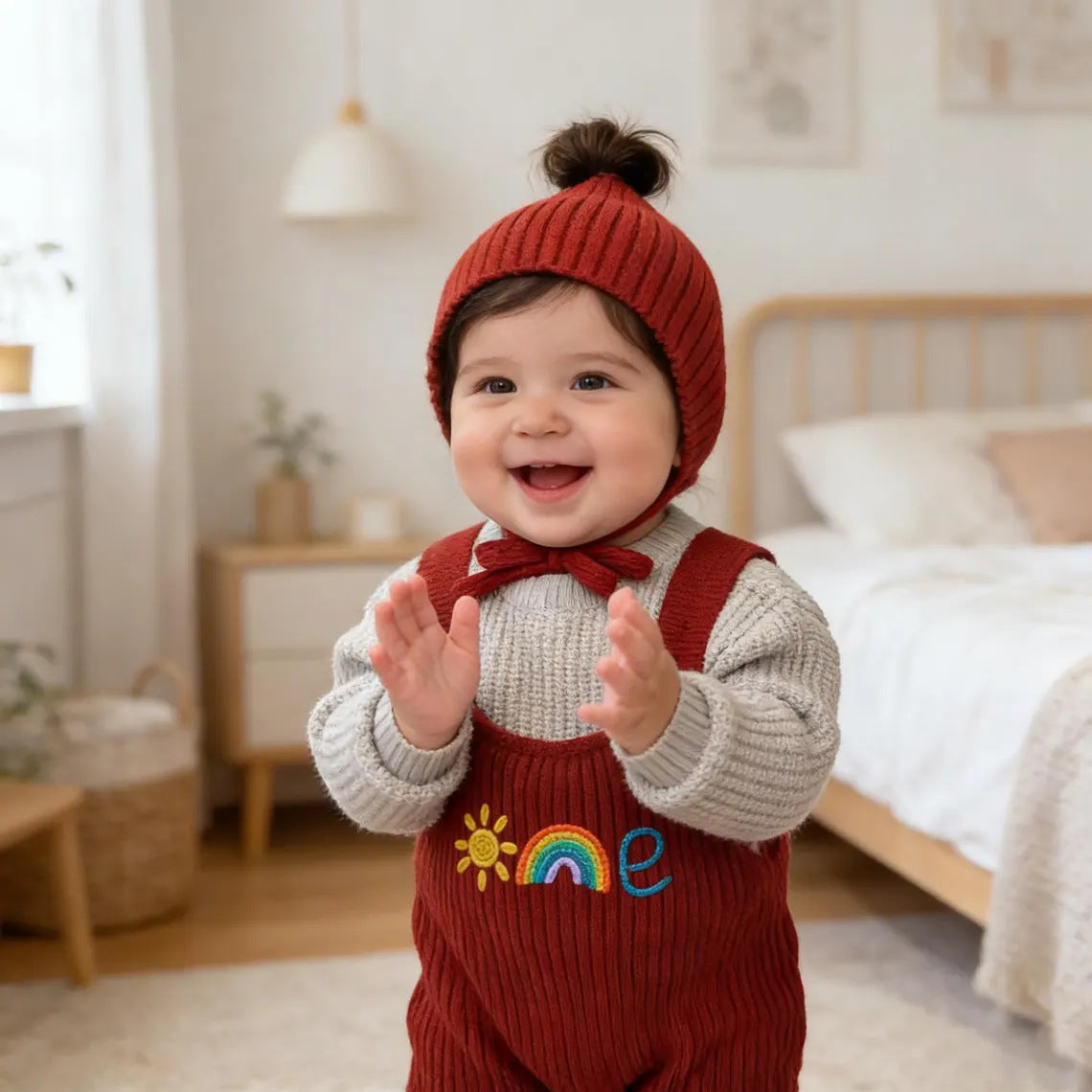 Baby seated in brown ribbed knit dungarees over a cream long-sleeve top, name stitched on the bib