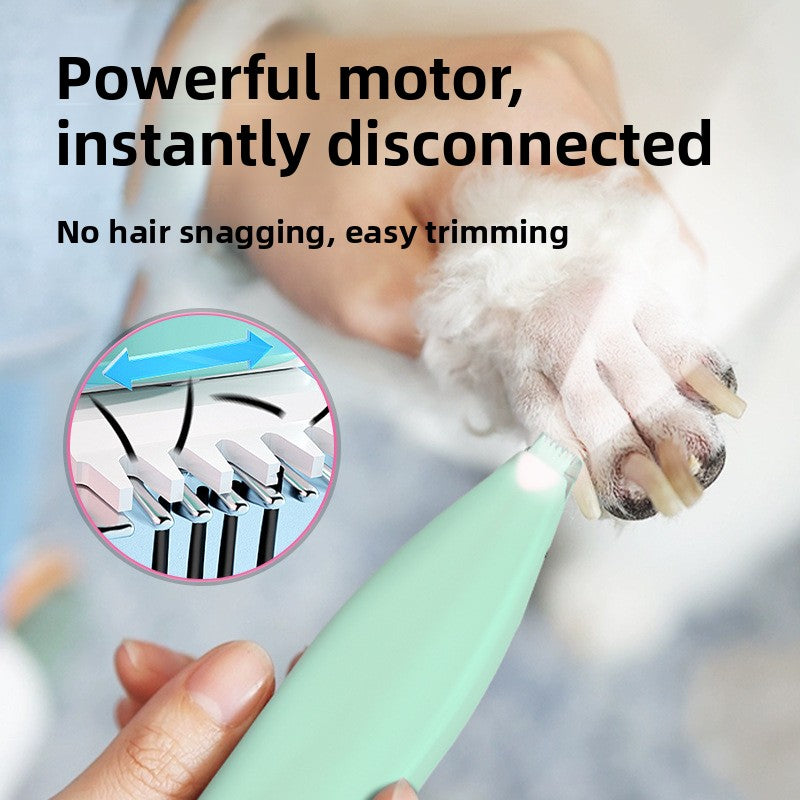Green pet paw trimmer clipping fur between the pads of a paw with a zoom on the cutting head