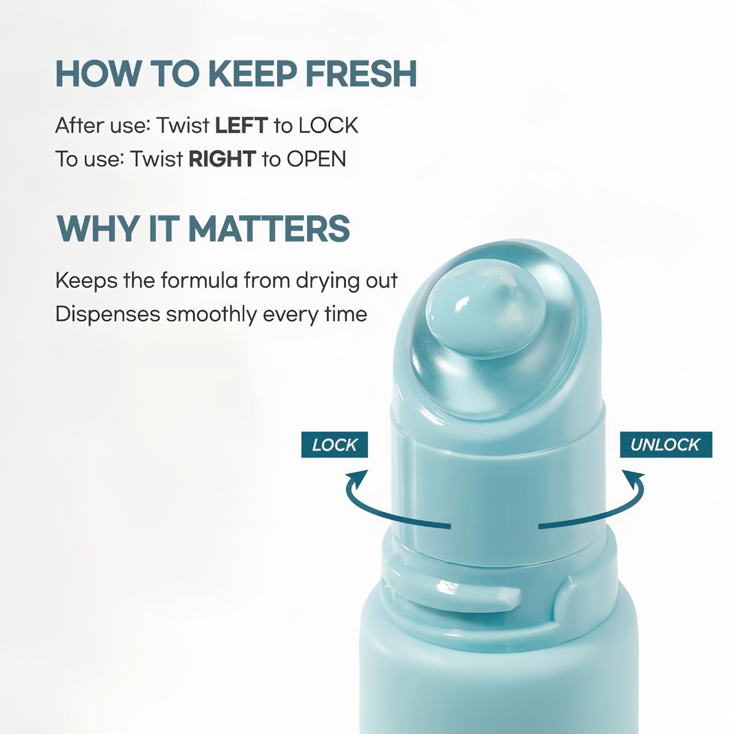 Pale blue pump bottle with a lock and unlock collar from the same range, not the tube that ships