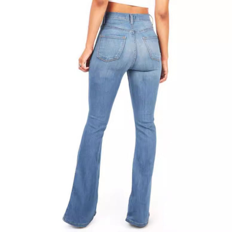 Cotton denim high rise bootcut jeans shown full length with a long flared leg