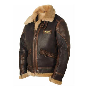 Brown vegan leather aviator bomber jacket with plush sherpa collar, front zip and gold pilot wing badge