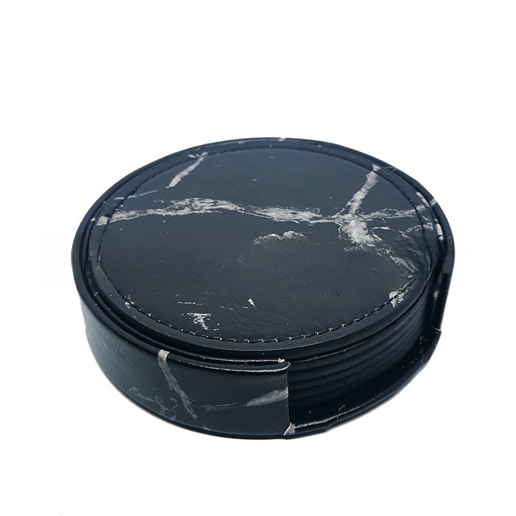 Patterned PU leather round coaster set with a matching holder