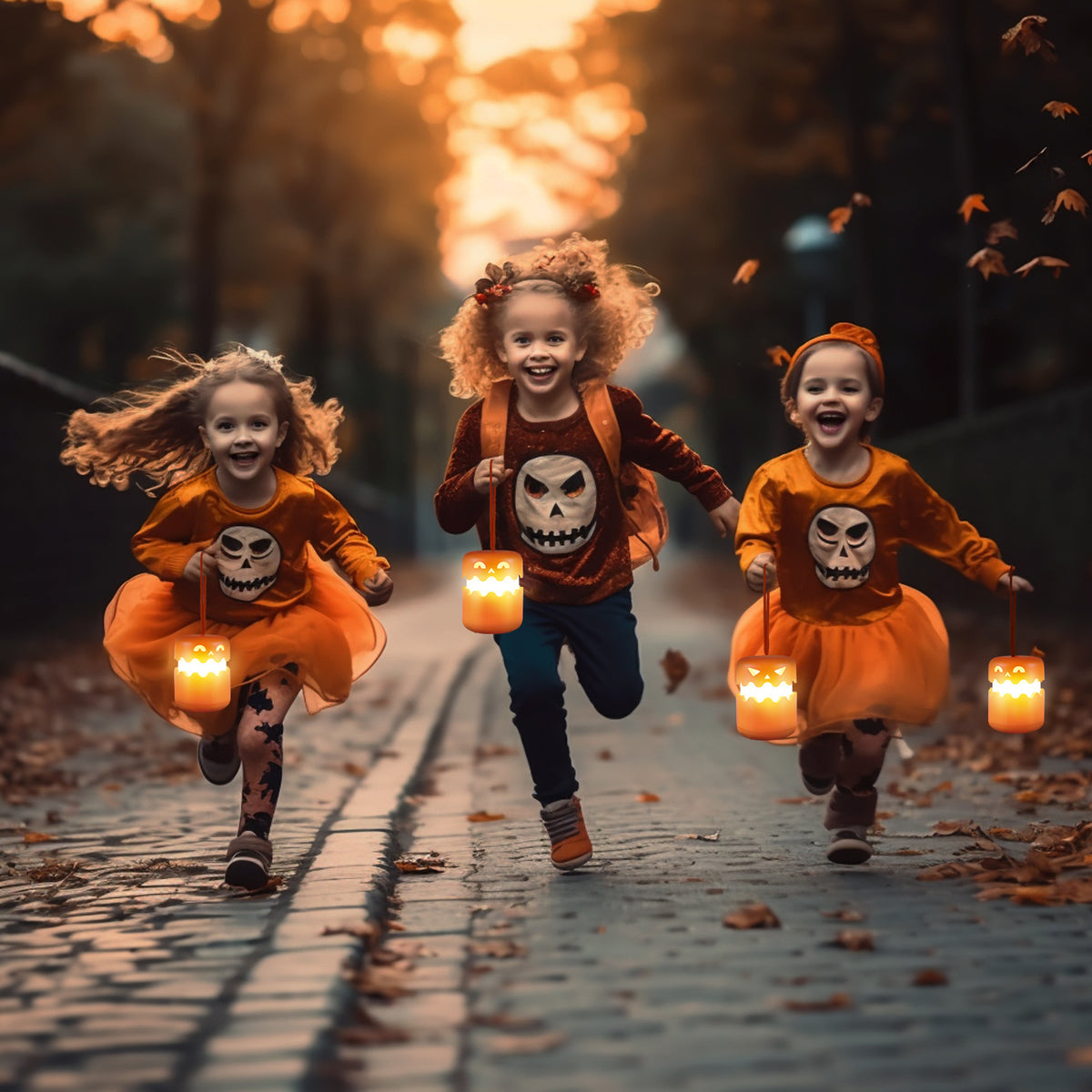 Three children in orange Halloween outfits running along a path carrying lit pumpkin lanterns