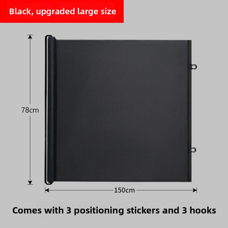 Black roll up pet gate 150 cm wide and 78 cm high, with three adhesive locators and three hooks