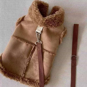 Brown faux suede small dog vest with sherpa collar and a back leash loop with snap hook