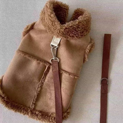 Brown faux suede small dog vest with sherpa collar and a back leash loop with snap hook