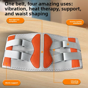 Orange and gray heated massage waist belt fastened around the waist