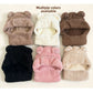 Six colours of fluffy knit bear ear balaclava hoods laid out: mocha, cream, brown, black, pink and beige