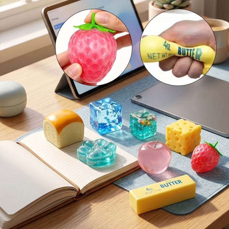 Squishy food toys on a desk beside a tablet, with close ups of the strawberry and butter squeezed
