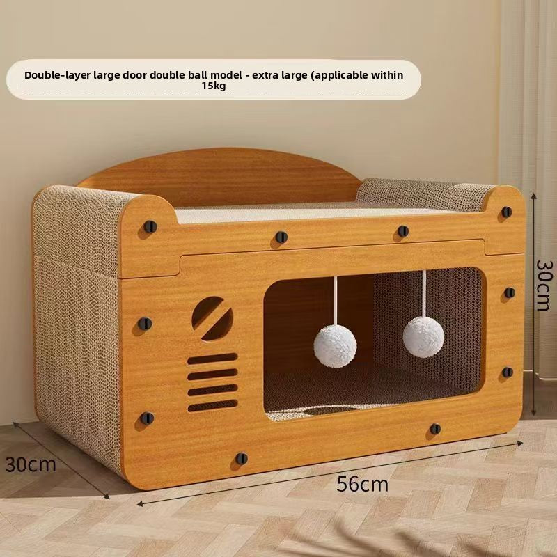 Double layer cardboard cat scratcher 56 by 30 by 28 centimetres for cats up to 15 kilograms with balls