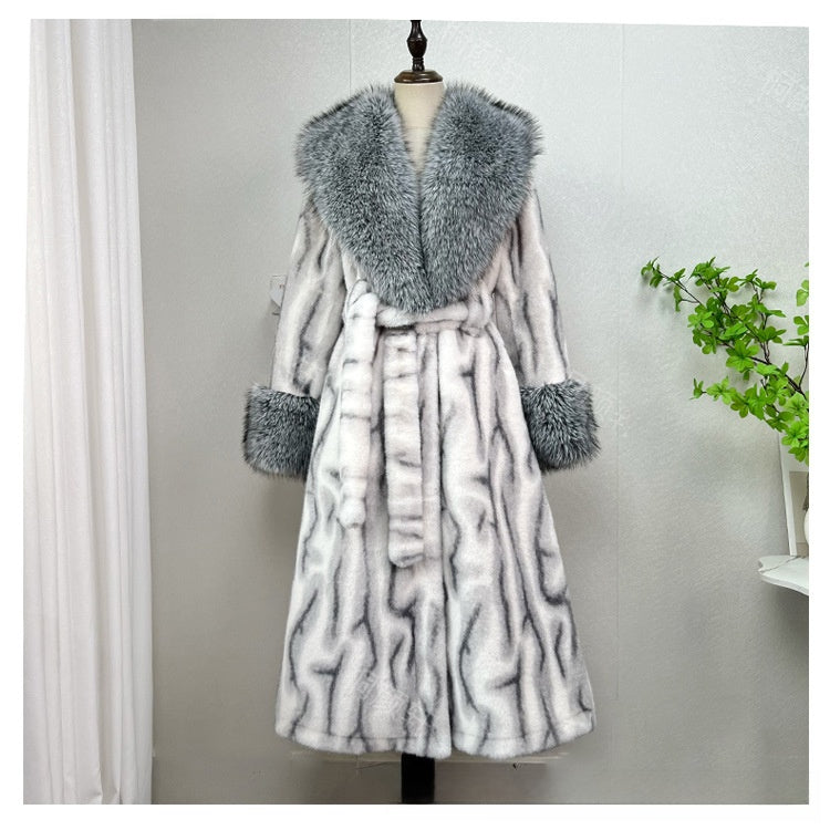 Gray and white marbled vegan fur long coat with a gray fur collar, fur cuffs and a tie belt, Gray and White Marbled option
