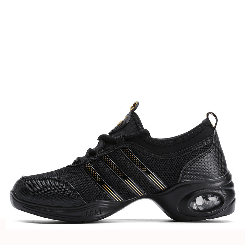 Black Gold mesh dance sneaker with gold stripes and a heel air cushion, EU size 32 option
