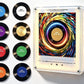Colorful NFC music discs beside the light up acrylic player frame