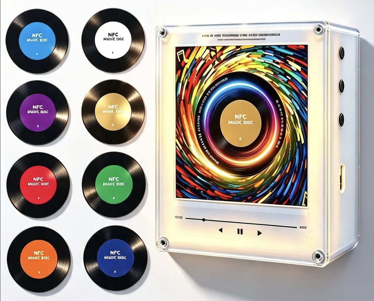 Colorful NFC music discs beside the light up acrylic player frame