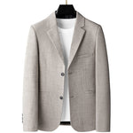 Mens slim fit linen blend blazer in beige, front view on hanger