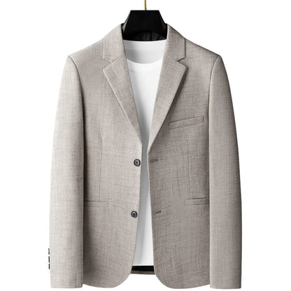 Mens slim fit linen blend blazer in beige, front view on hanger