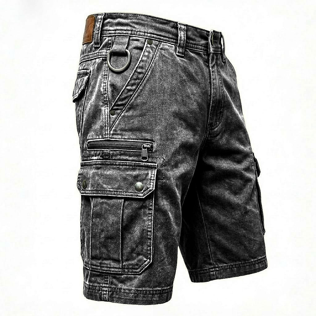 Washed cotton denim mens cargo shorts, detail of the plain hem just above the knee