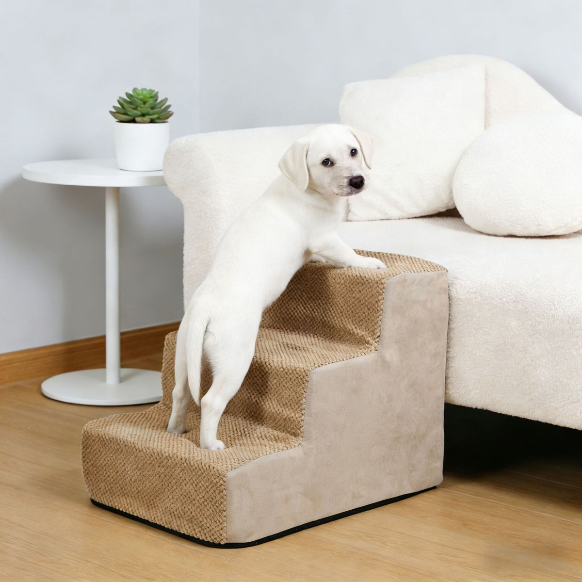 Beige pet steps by a white sofa with a white puppy climbing, option L5 75x40x55cm