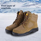 Khaki suede winter boots marked first layer of cowhide on a snowy mountain backdrop