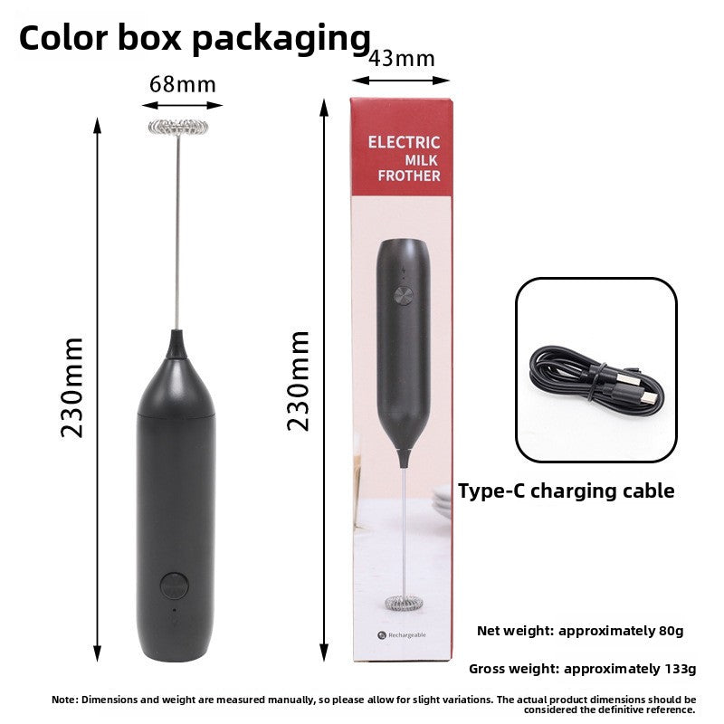Color box view of the black milk frother showing 230 mm length, 68 mm whisk and Type-C charging cable