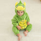 Green dinosaur hooded flannel baby jumpsuit with animal hood and yellow tummy panel, option 100cm