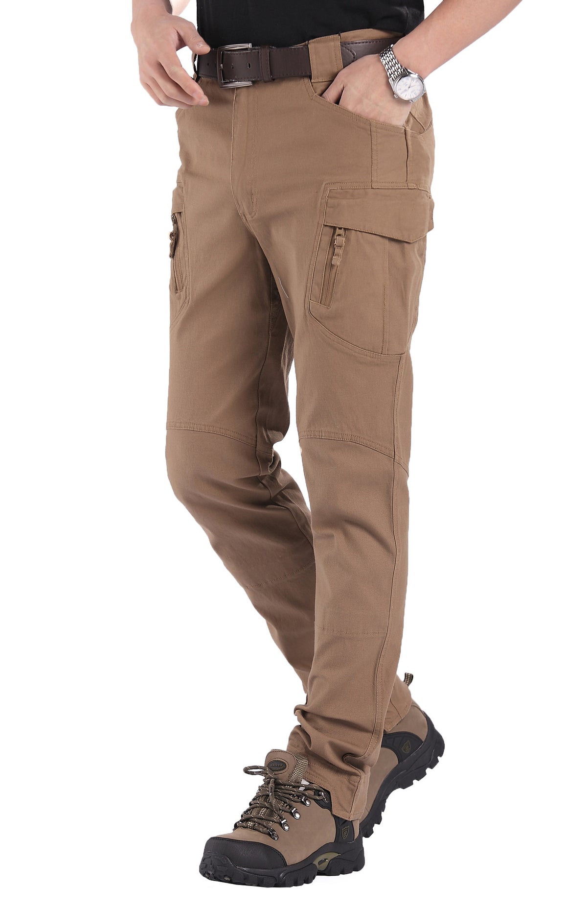 Brown cotton tactical cargo pants front view with zip flap pocket, size L option