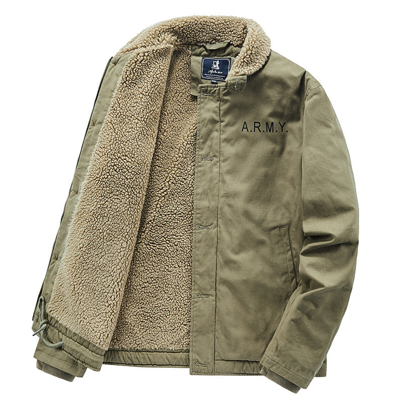 Close view of the polyester sherpa fleece lining inside a mens cotton jacket