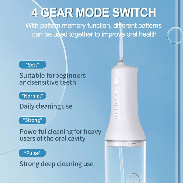 White water flosser with four adjustable mode labels Soft, Normal, Strong and Pulse on a light blue background