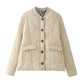 Off white onion quilted padded jacket with ribbed stand collar and leopard lined cuffs