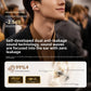 Man wearing a champagne open ear clip earphone, close view of the ear clip fit