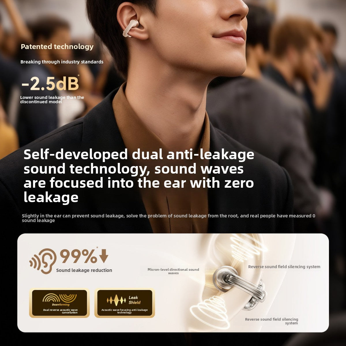 Man wearing a champagne open ear clip earphone, close view of the ear clip fit